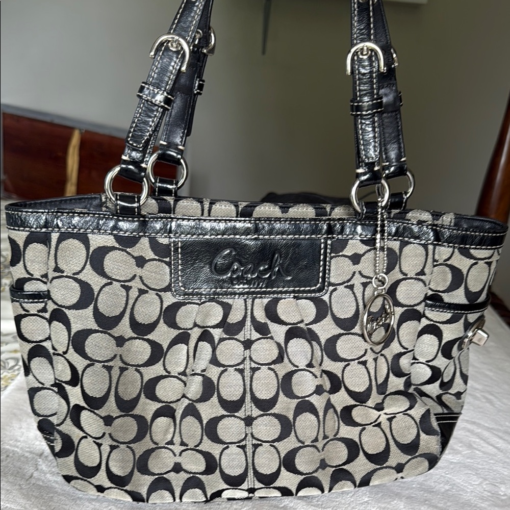 Coach Black and Gray Shoulder Bag with Signature Pattern